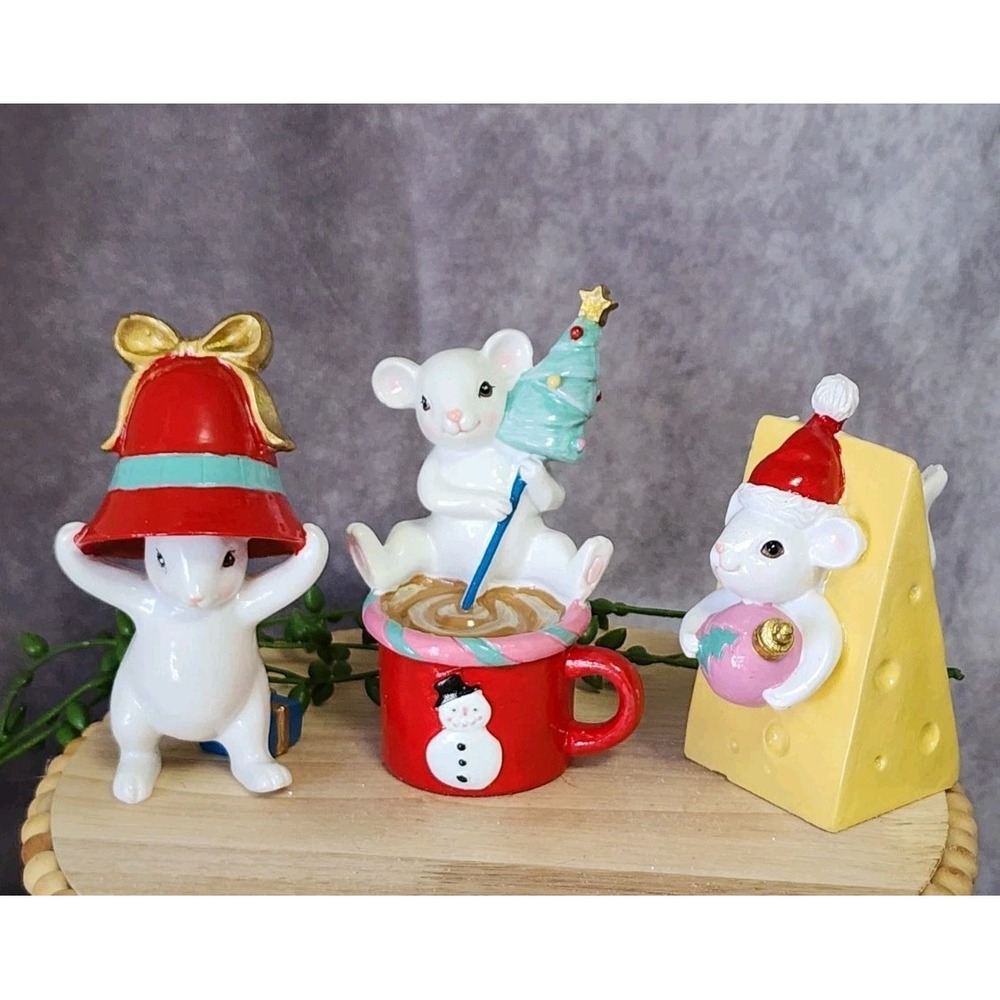 Christmas Mouse Figurines Figures Santa Hat Cocoa Cheese Ornaments 3 Pc‎ Resin